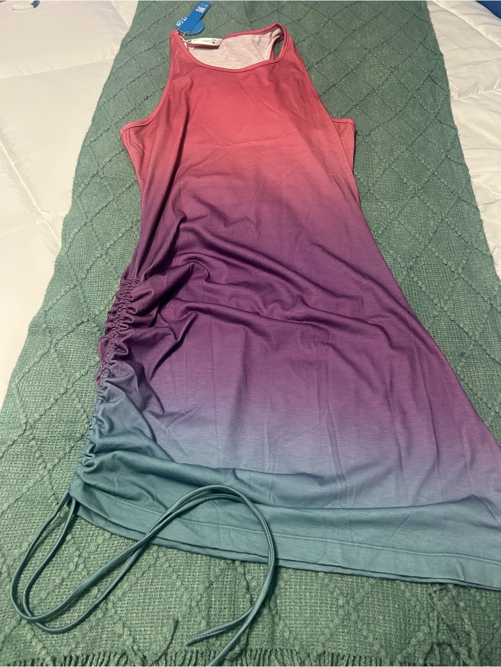 Ombre Drawstring Tank Dress or bathing suit cover in Coral to Teal